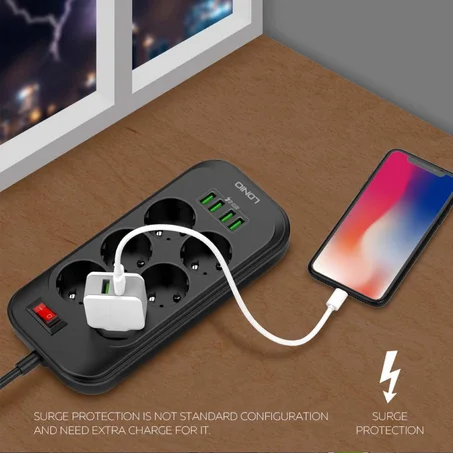 مقبس سداسي للطاقة مع 4 منافذ USB مع ميزة الشحن السريع مناسبة لشحن المعدات والمنتجات الالكترونية LDNIO 6Power Socket 4 USB SE6403