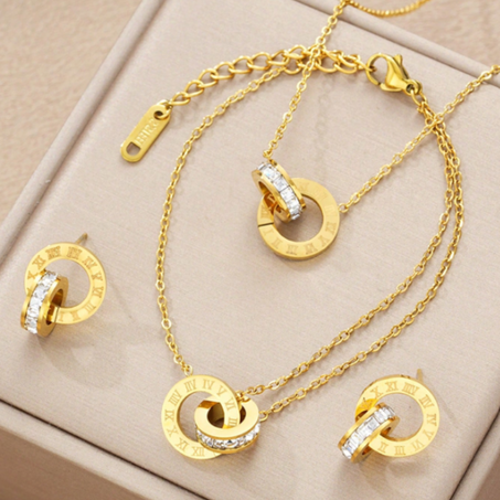 طقم مجوهرات أنيق من 4 قطع بتصميم راقٍ وذهبي لامع