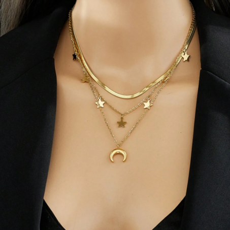 قلادة ثلاثية الطبقات بتصميم القمر والنجمة من الفولاذ المقاوم للصدأ