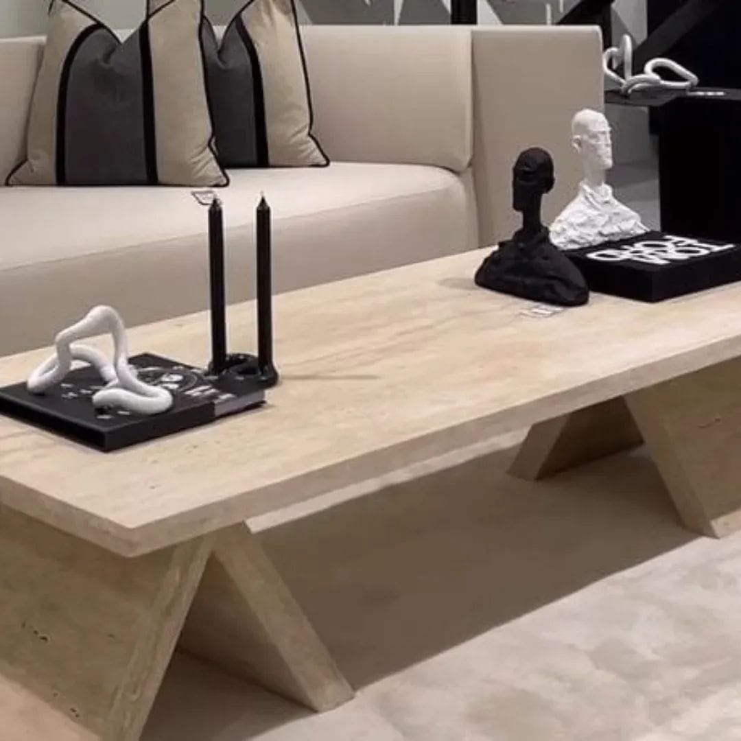 Table basse Ovale Travertin pied triangle 180*90