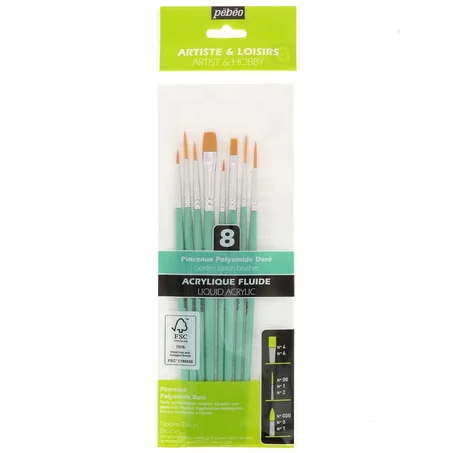Pochette de 8 pinceaux polyamide doré Pebeo