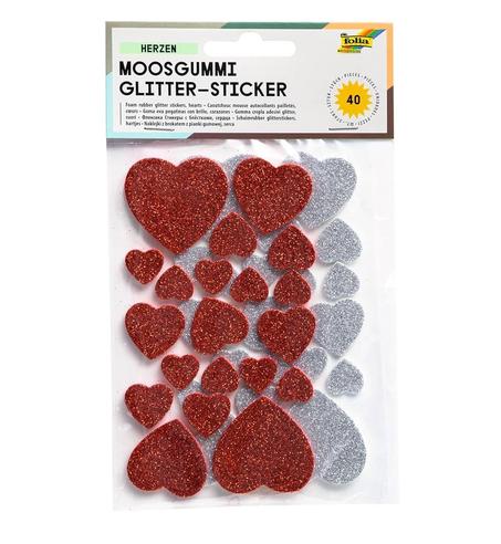 Pochette de 40 stickers paillettes autocollant mousse coeur Rouge/Argent Folia