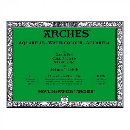 Bloc aquarelle collé 4 cotés 20F 23x31 300g Grain Fin ARCHES
