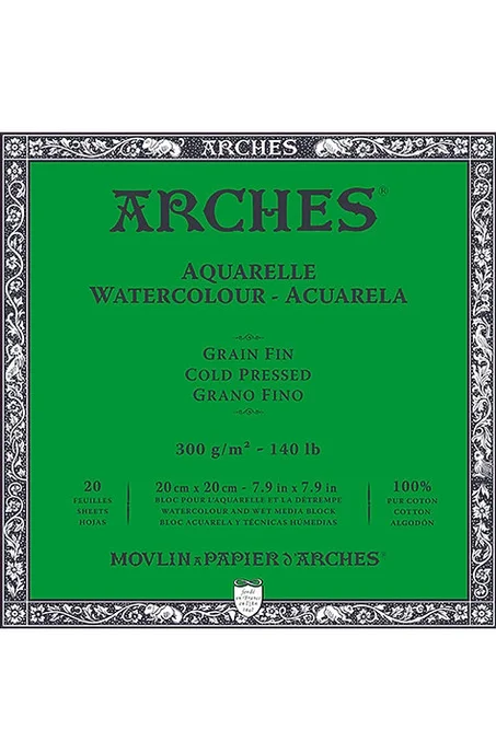 Bloc aquarelle collé 4 cotés 20F 20x20 300g Grain Fin ARCHES