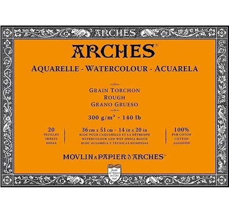 Bloc aquarelle collé 4 cotés 20F 18x26 300g Grain-Torchon ARCHES