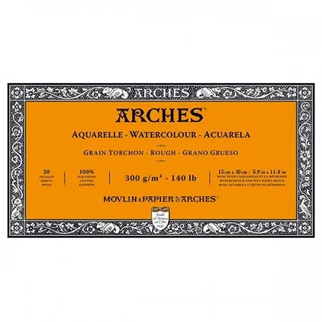 Bloc aquarelle collé 4 cotés 20F 15x30 300g Grain-Torchon ARCHES