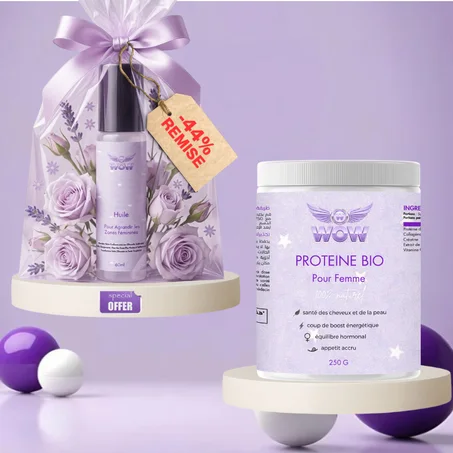 باك المكمل الغدائي بروتين بودر+زيت زيادة المناطق الأنثوي pack proteine poudre250g +huile pour zone feminines 60ml