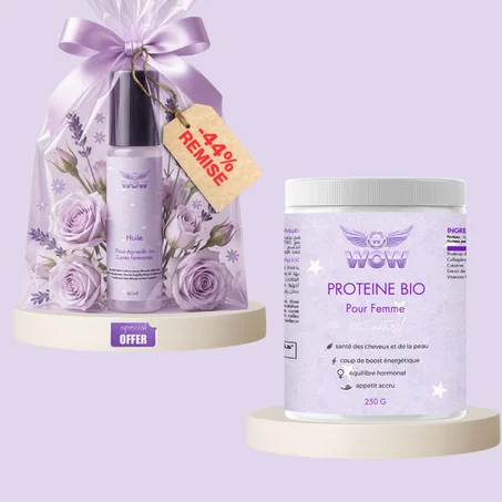 باك المكمل الغدائي بروتين بودر+زيت زيادة المناطق الأنثوي pack proteine poudre250g +huile pour zone feminines 60ml