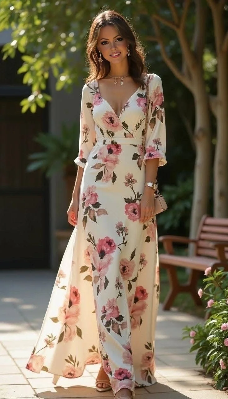 Robe longue fleurie à l’élégance romantique.