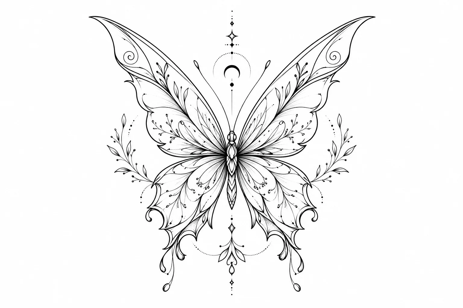 Elegant Fine Line Butterfly Tattoo Design | Luxury Ornamental Butterfly Tattoo Stencil | Printable PNG SVG PDF Digital Download