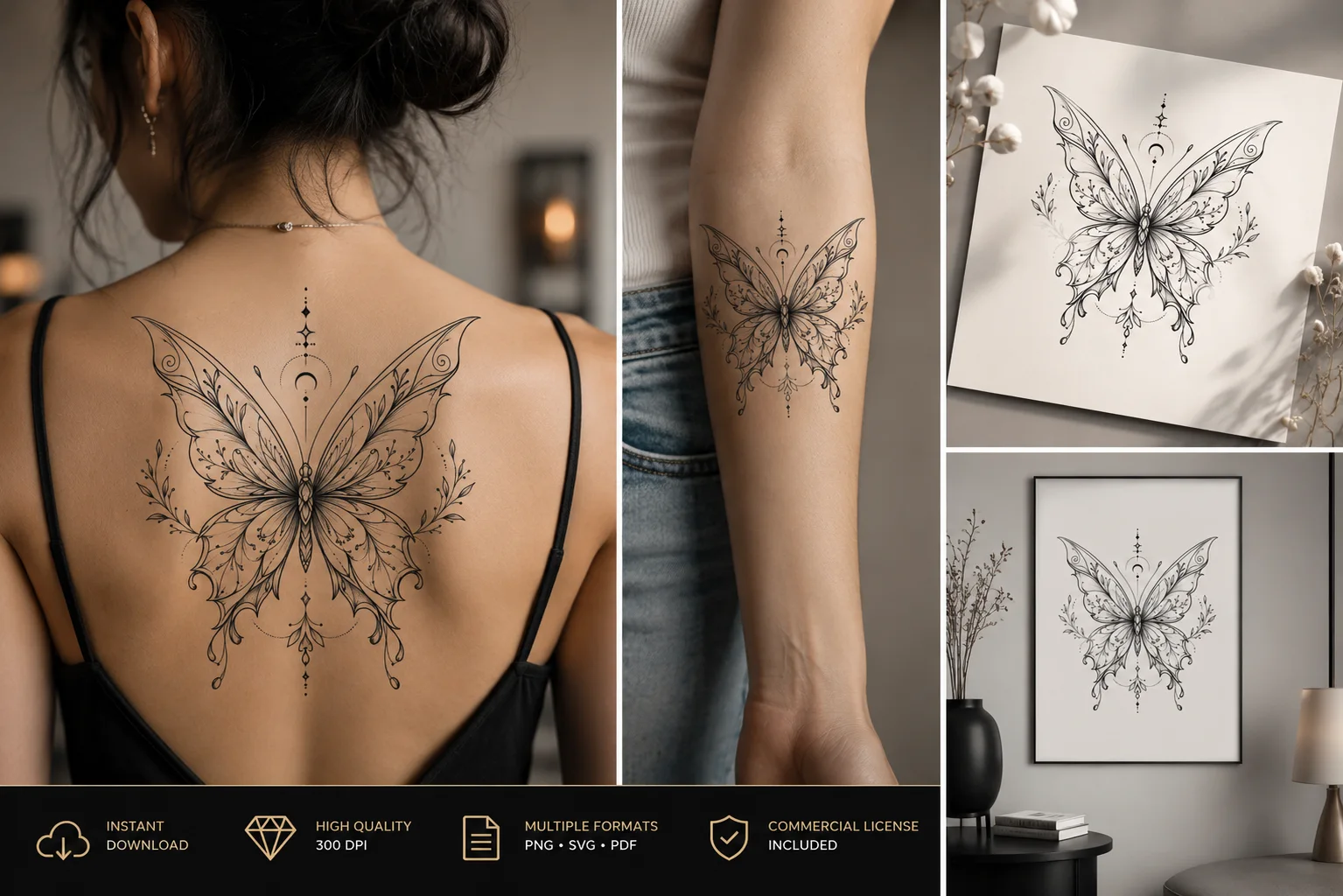Elegant Fine Line Butterfly Tattoo Design | Luxury Ornamental Butterfly Tattoo Stencil | Printable PNG SVG PDF Digital Download