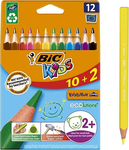 BIC KIDS EVOLUTION TRIANGLE ECOLUTIONS ETUI CARTON DE 12 CRAYONS DE COULEURS TRIANGULAIRES