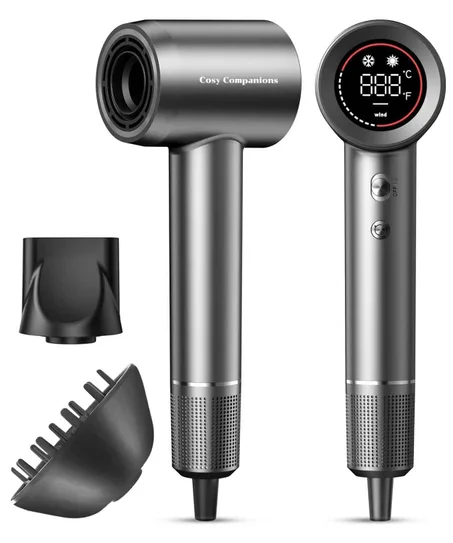 Cosy Companions Secador de pelo - Secador de pelo iónico negativo con motor sin escobillas de alta velocidad de 150000 RPM para secado rápido, bajo ruido, pantalla HD secador de pelo con difu