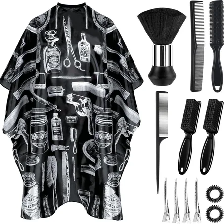 Capa de barbero 13 piezas con cepillo quitapelusas de cuello ajustable, capa de corte de cabello extra larga de 63" x 55" accesorios profesionales de barbero para hombres/adultos/barbero/saló