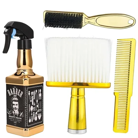 Juego de herramientas de peinado de peluquería, 4 piezas, incluye botella rociadora, cepillo de barbero, plumero de cuello, peine de corte de cabello para salón y uso doméstico (dorado)