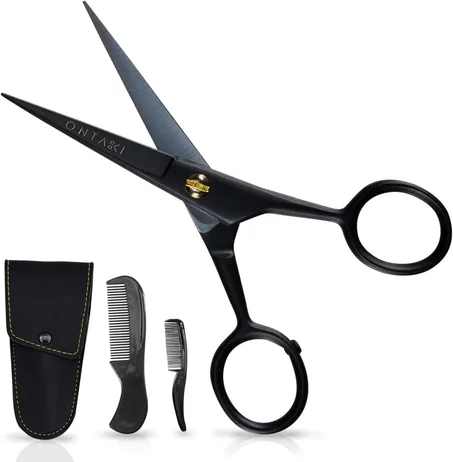 Ontaki Tijeras para bigote, 5 pulgadas, color negro, tijeras de precisión de borde biselado y corte de barba, kit completo con peine para bigote y peine para barba