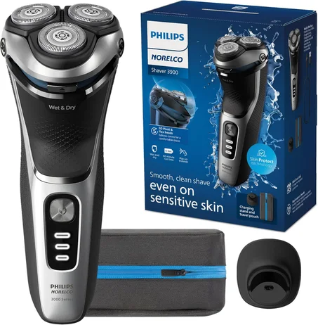 Philips Norelco Shaver 3900 Series, afeitadora eléctrica húmeda y seca, P-Cap, estuche de viaje, soporte de carga, azul tormenta, modelo S3341/92