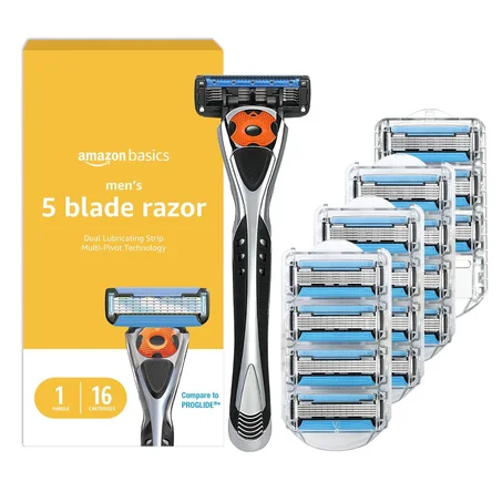 Amazon Basics 5-Blade MotionSphere - Maquinilla de afeitar para hombre con 5 cuchillas, doble lubricación y recortadora de precisión, juego de 17 piezas, 1 mango y 16 cartuchos, negro