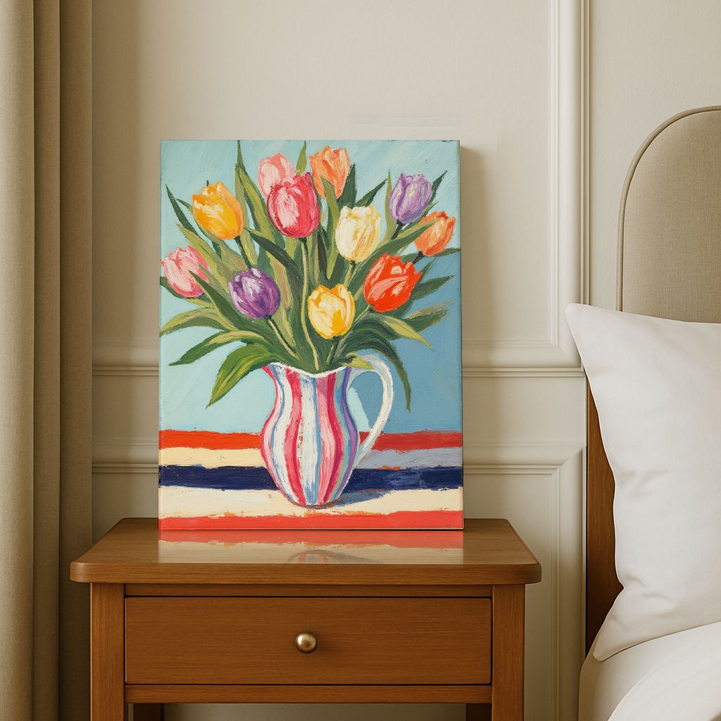 Tulipes au pichet rayé