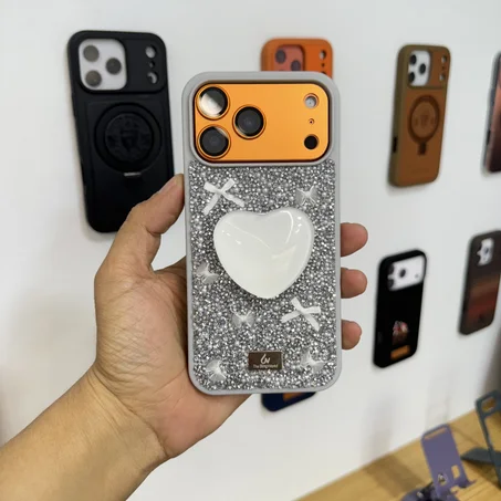 The Bling World Heart Stand Holder Case for iPhone 17 Pro Max (GRAY)