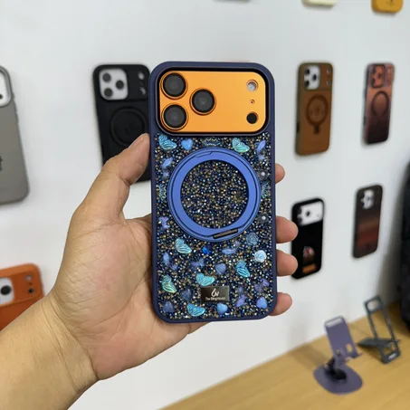 The Bling World With Stand Holder Case for iPhone 17 Pro Max (BLUE)