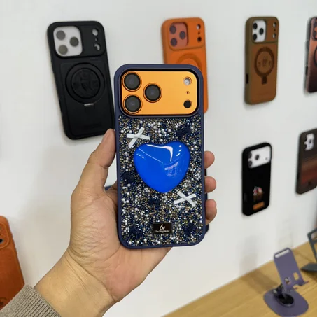 The Bling World Heart Stand Holder Case for iPhone 17 Pro Max (BLUE)