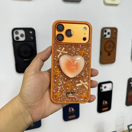 The Bling World Heart Stand Holder Case for iPhone 17 Pro Max (ORANGE)