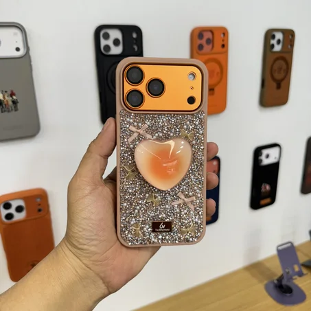 The Bling World Heart Stand Holder Case for iPhone 17 Pro Max (PINK)