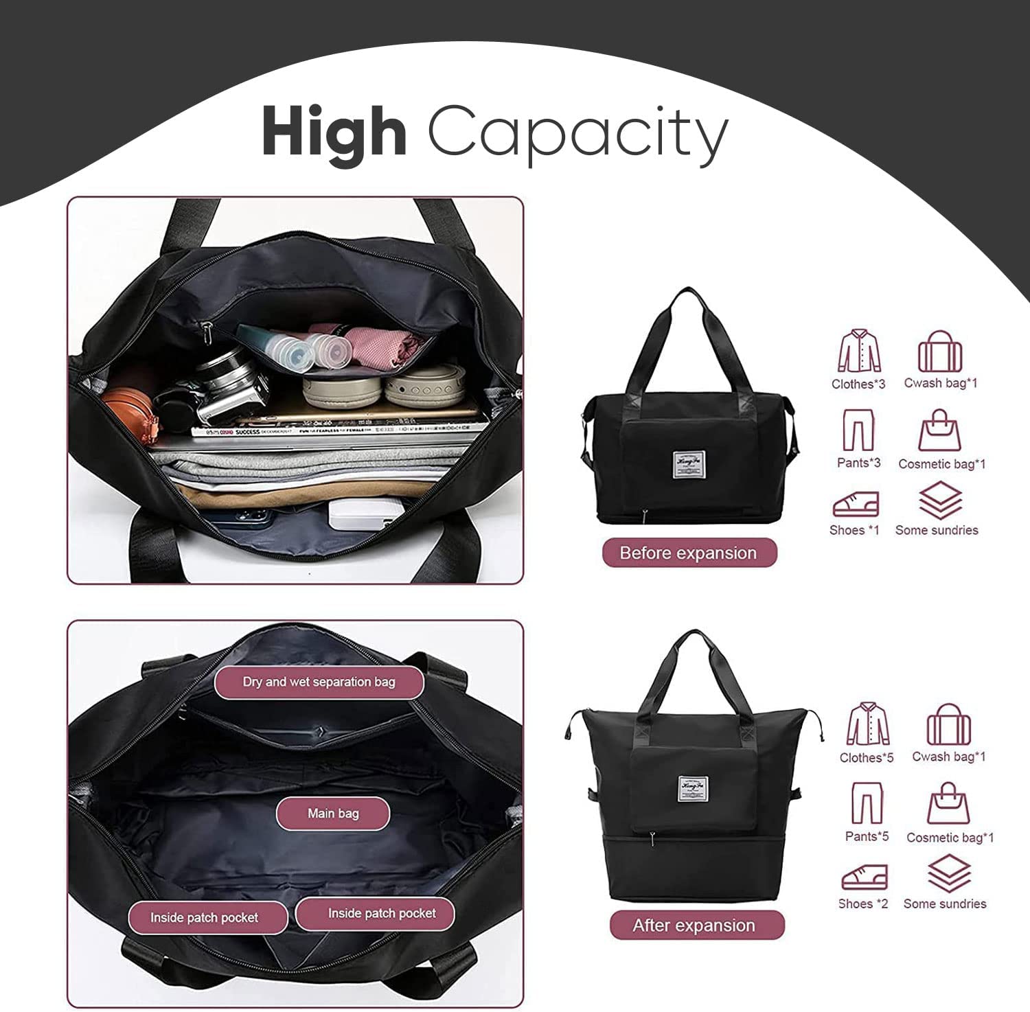 Sac de voyage pliable de grande capacité Sac fourre-tout Bordeaux