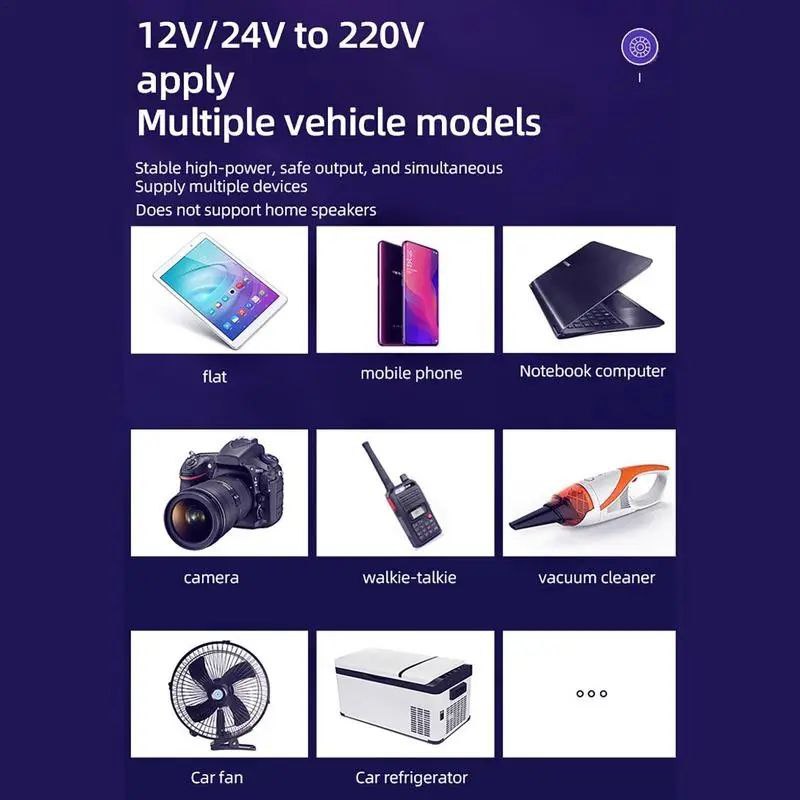 محول الطاقة المتعدد الوظائف المثالي للسيارة يعمل على تحويل 12V/24V إلى 220V بقوة تصل إلى 1500 واط  مثالي للرحلات، التخييم، واستخدام الأجهزة داخل السيارة