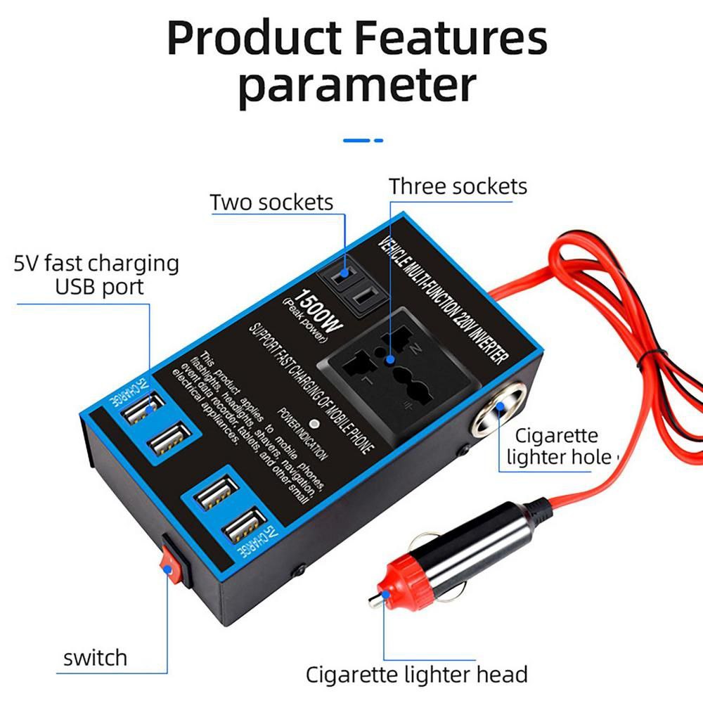 محول الطاقة المتعدد الوظائف المثالي للسيارة يعمل على تحويل 12V/24V إلى 220V بقوة تصل إلى 1500 واط  مثالي للرحلات، التخييم، واستخدام الأجهزة داخل السيارة