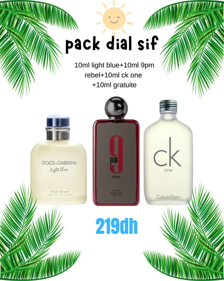 Pack d'été 10ml light blue+10ml 9pm rebel+10ml ck one+10ml grt