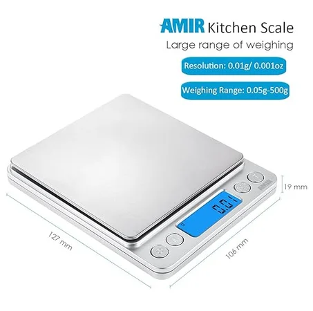 ميزان مطبخ رقمي من امير، 500 غرام/ 01 غرام، ميزان مجوهرات جيب صغير، ميزان طهي الطعام، شاشة LCD باضاءة خلفية، 2 صينية، 6 وحدات، ايقاف تلقائي، بي سي اس، ستانلس ستيل، البطاريات متضمنة، 500 grams