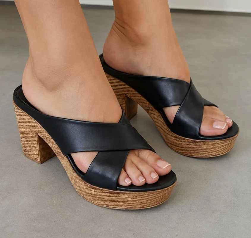 Sandale mule croisée à plateforme et talon effet bois
