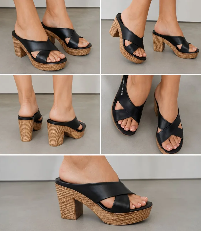 Sandale mule croisée à plateforme et talon effet bois