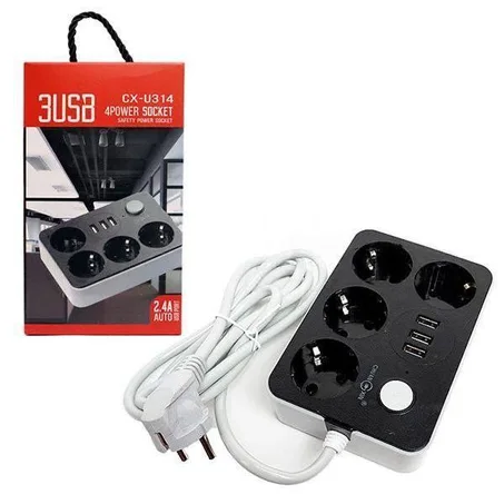 موصل كهربائي ب 4 مقابس و 3 منافد  USB