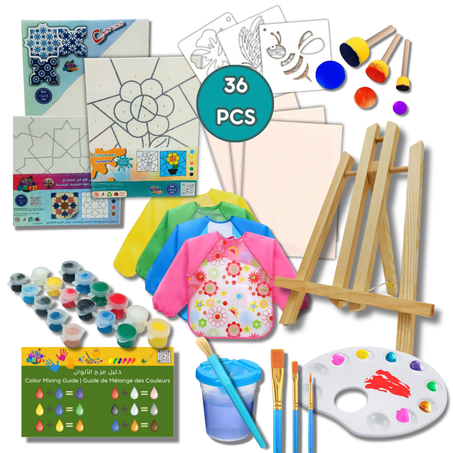 Kit de peinture de 36  pièces (canvas + acrylique) pour les enfants de 4 à 9 ans.