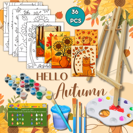 Kit de peinture de 36 pices – 5 toiles pré-dessinées 15×20 cm, prêtes à peindre, paysages d’automne.