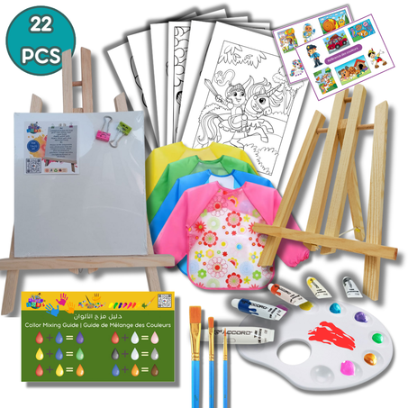 Kit de peinture de 22 pièces (papier + gouache) pour les enfants de 4 à 9 ans.
