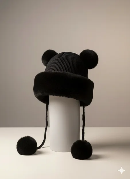 Chapeau Russe en Fourrure - القبعة الروسية avec pompom (OFFRE 4 Noir+Jaune moutarde)