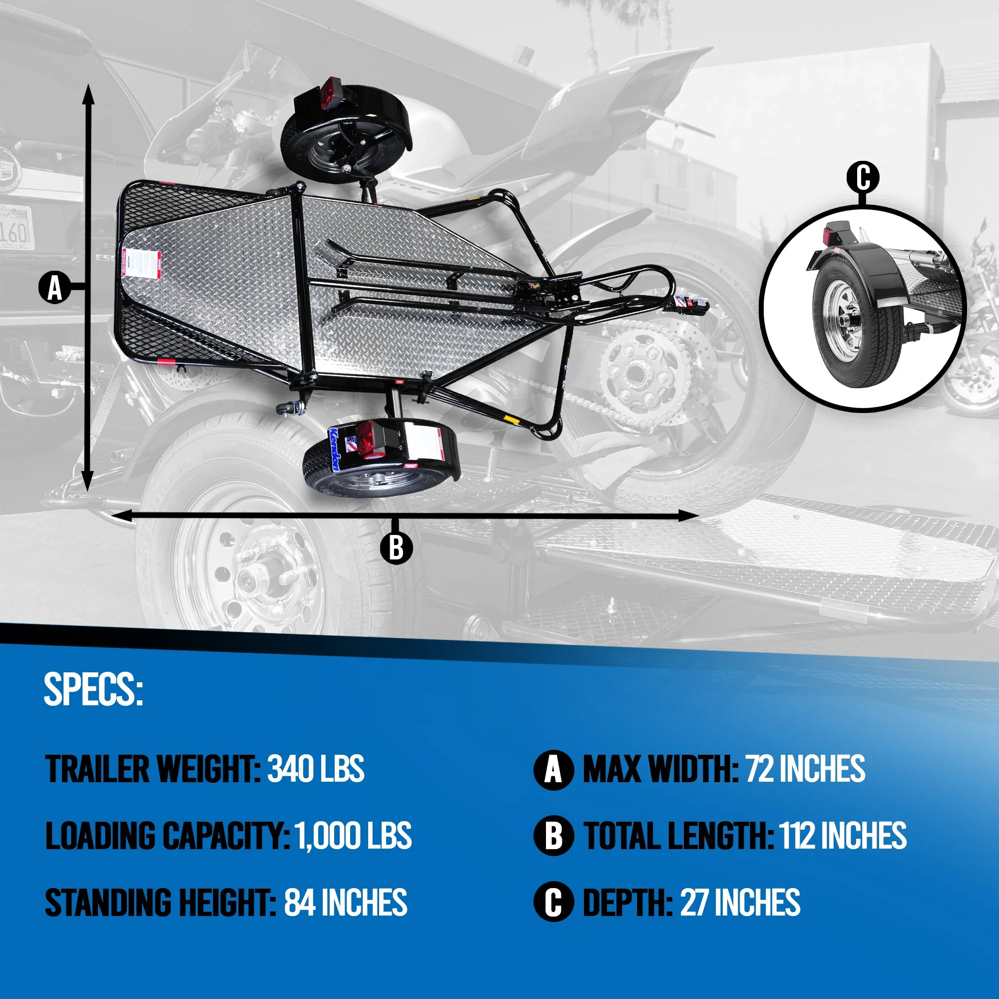 BB107RU Single Ride-Up SRL Stand-Up™ Motorcycle Trailer
