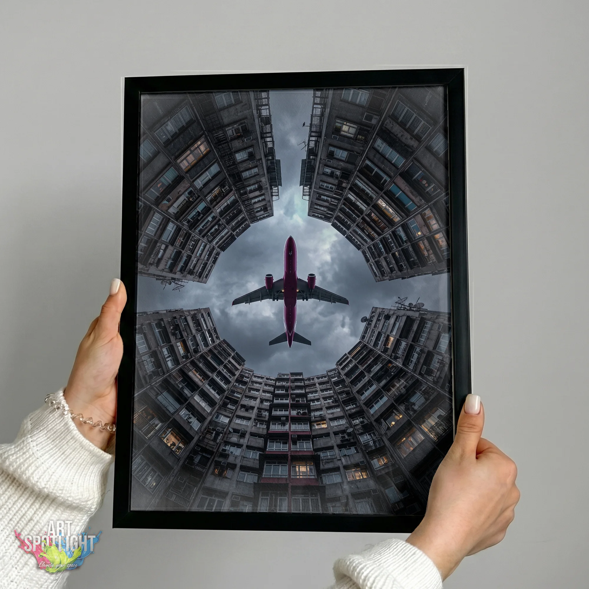 AIRPLANE OVER CITY COURTYARD