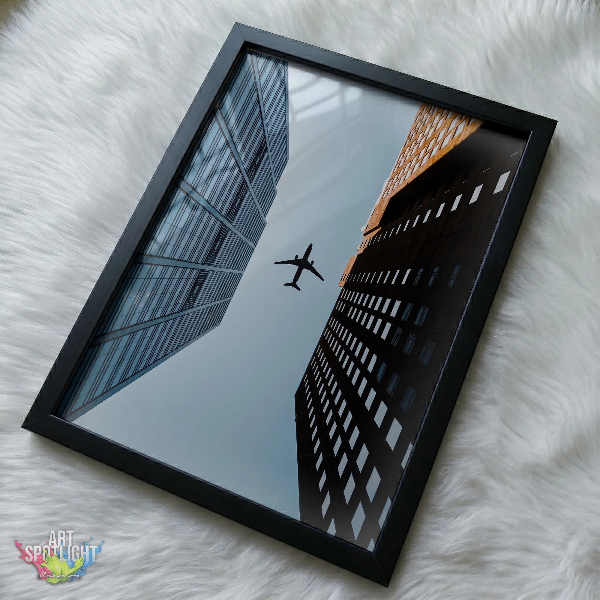 AIRPLANE BETWEEN SKYSCRAPERS