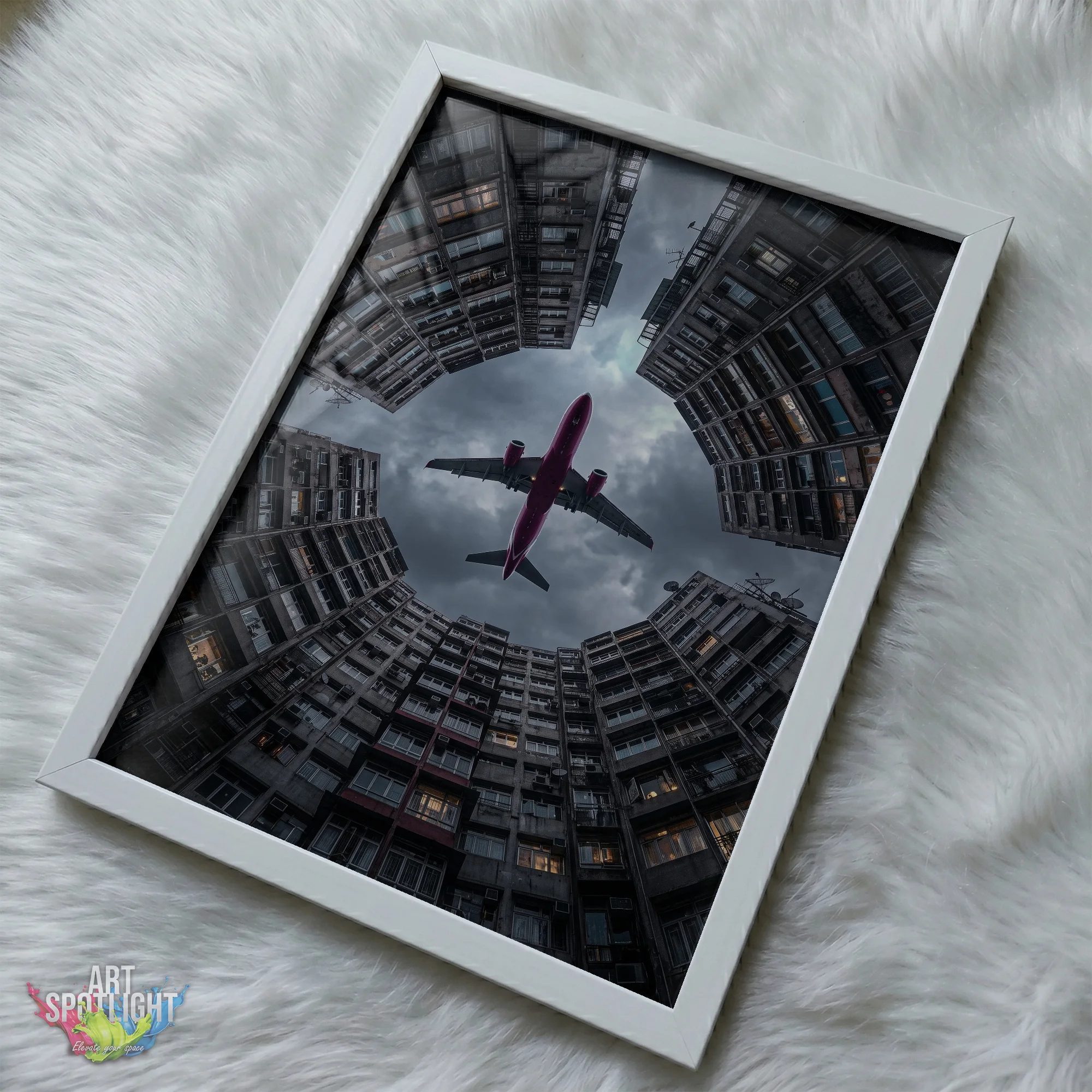 AIRPLANE OVER CITY COURTYARD