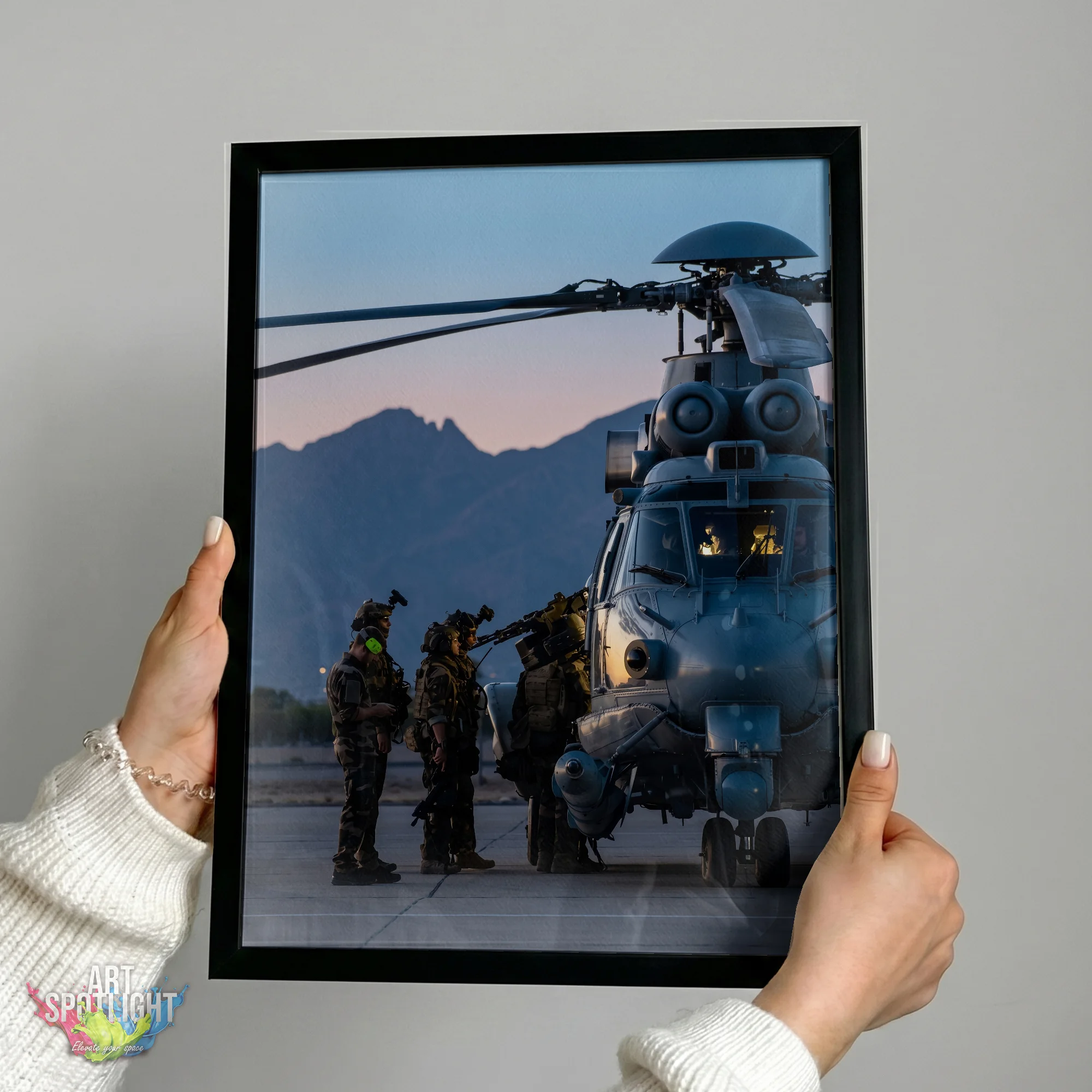 MILITARY HELICOPTER AT DUSK