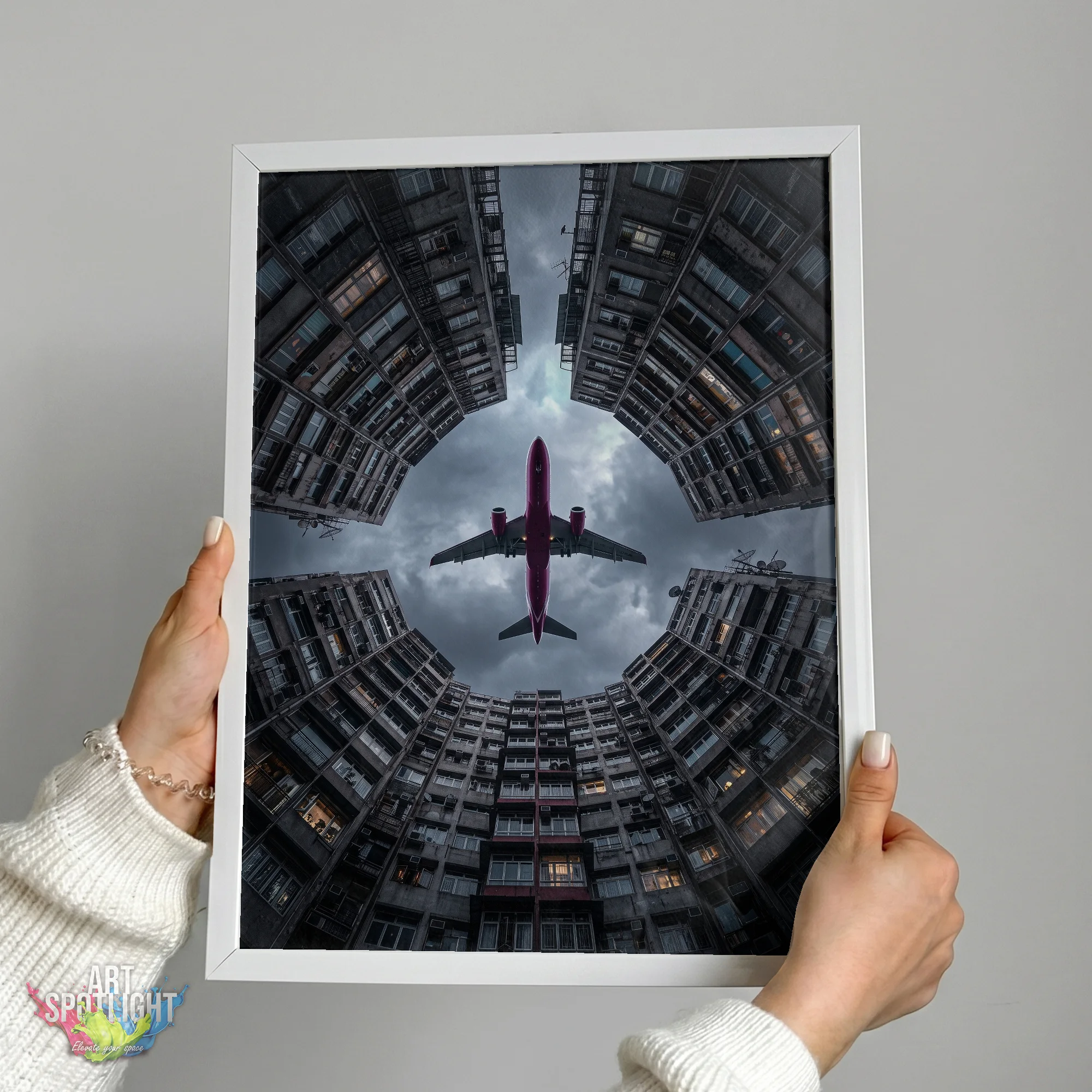 AIRPLANE OVER CITY COURTYARD