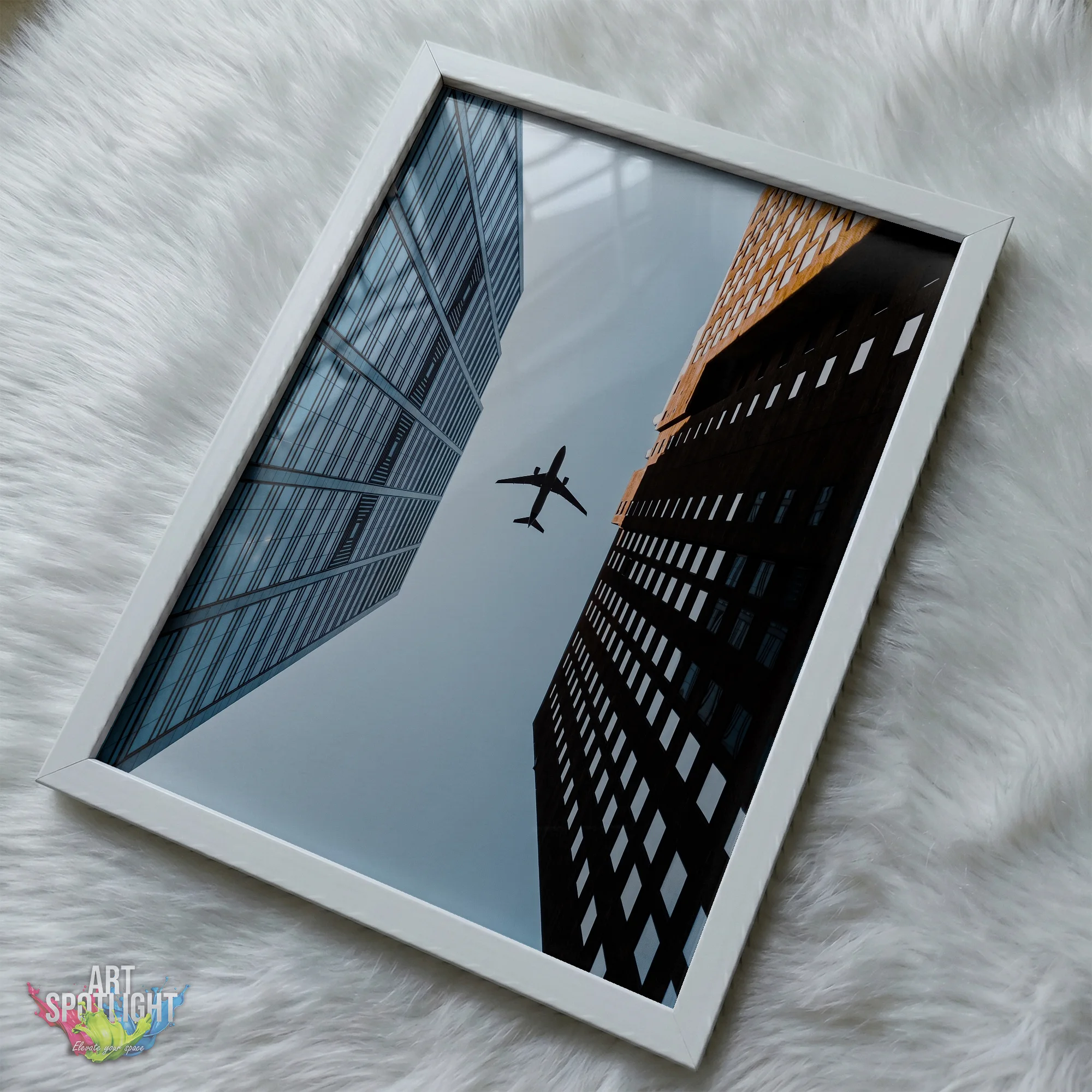 AIRPLANE BETWEEN SKYSCRAPERS