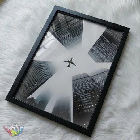AIRPLANE ABOVE SKYSCRAPERS