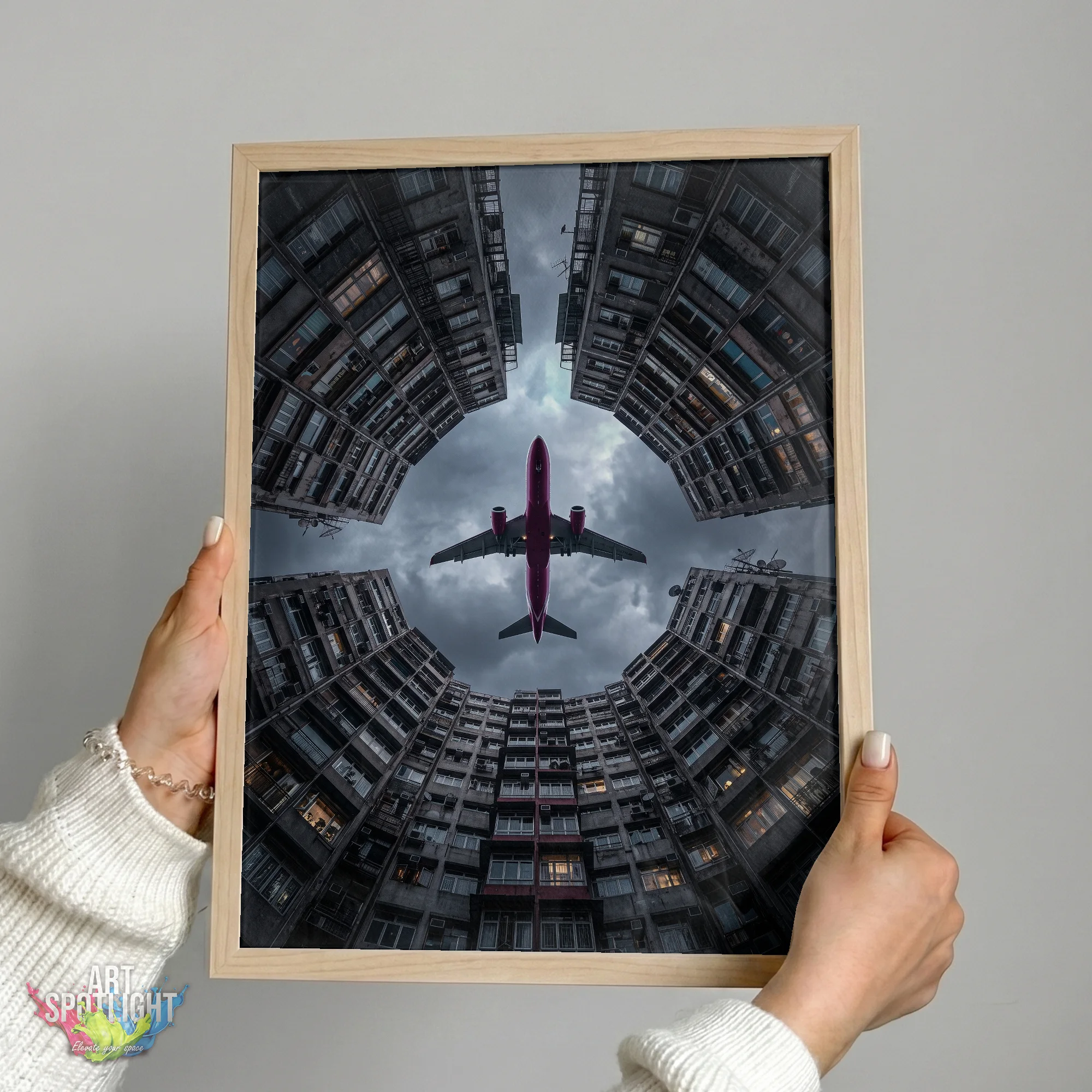 AIRPLANE OVER CITY COURTYARD
