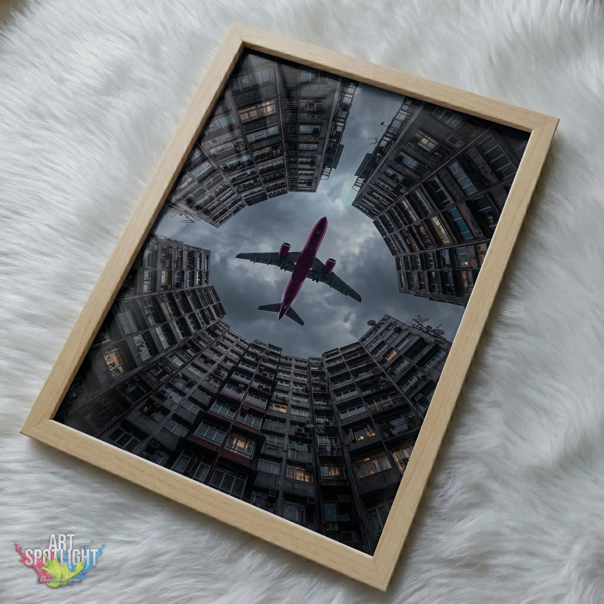 AIRPLANE OVER CITY COURTYARD